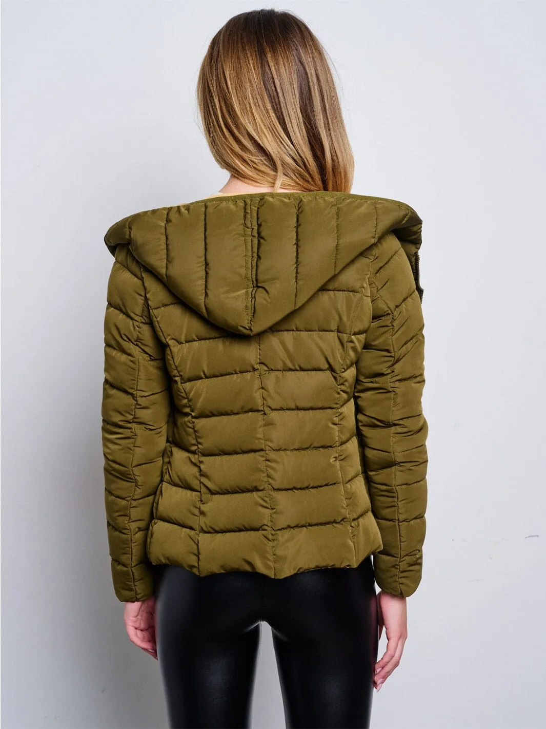 WOMEN'S LONG SLEEVE ZIP UP POCKETS HOODED PUFFER JACKET