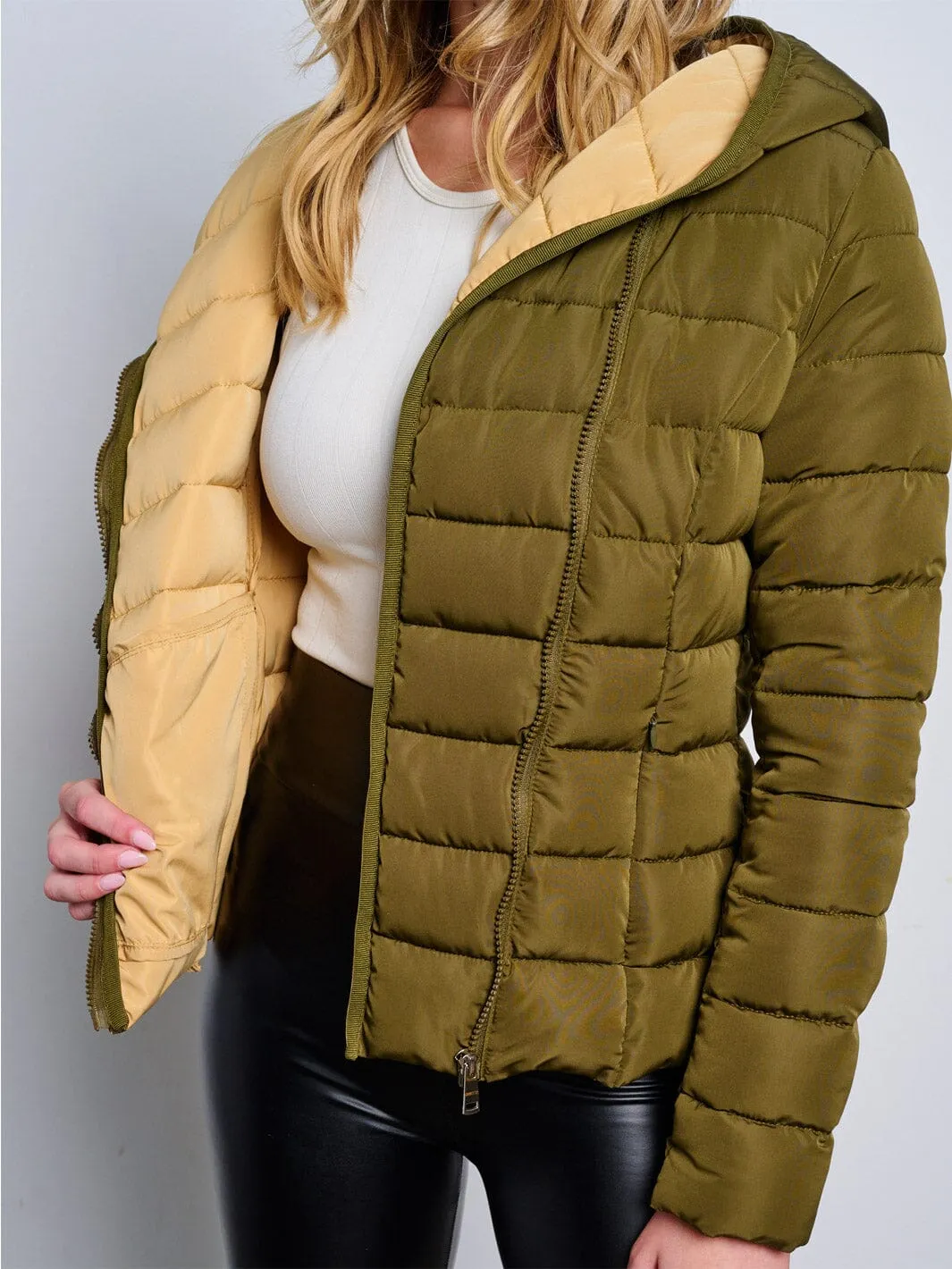 WOMEN'S LONG SLEEVE ZIP UP POCKETS HOODED PUFFER JACKET