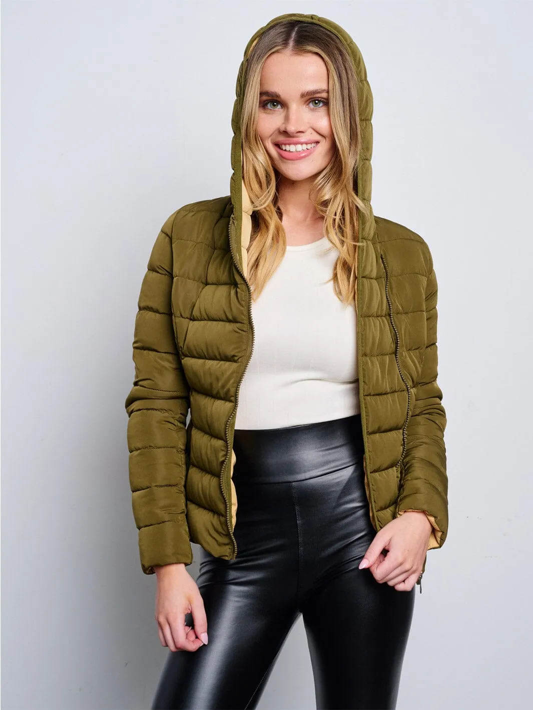 WOMEN'S LONG SLEEVE ZIP UP POCKETS HOODED PUFFER JACKET