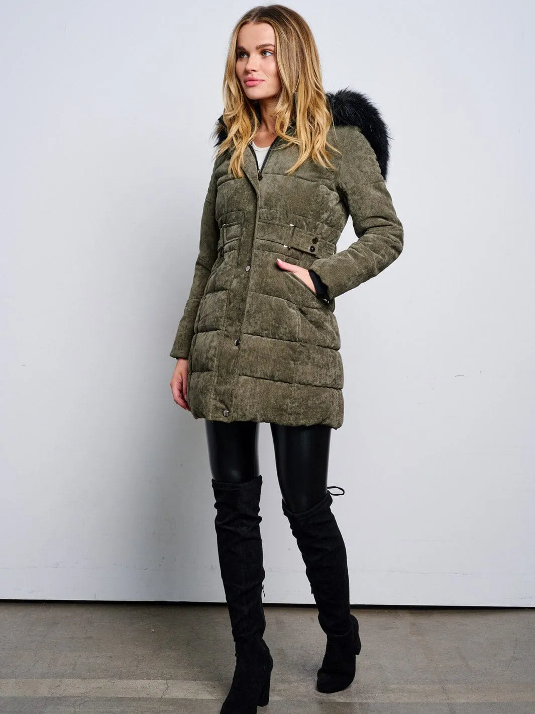 WOMEN'S LONG SLEEVE ZIP UP REMOVABLE HOODIE PUFFER COAT