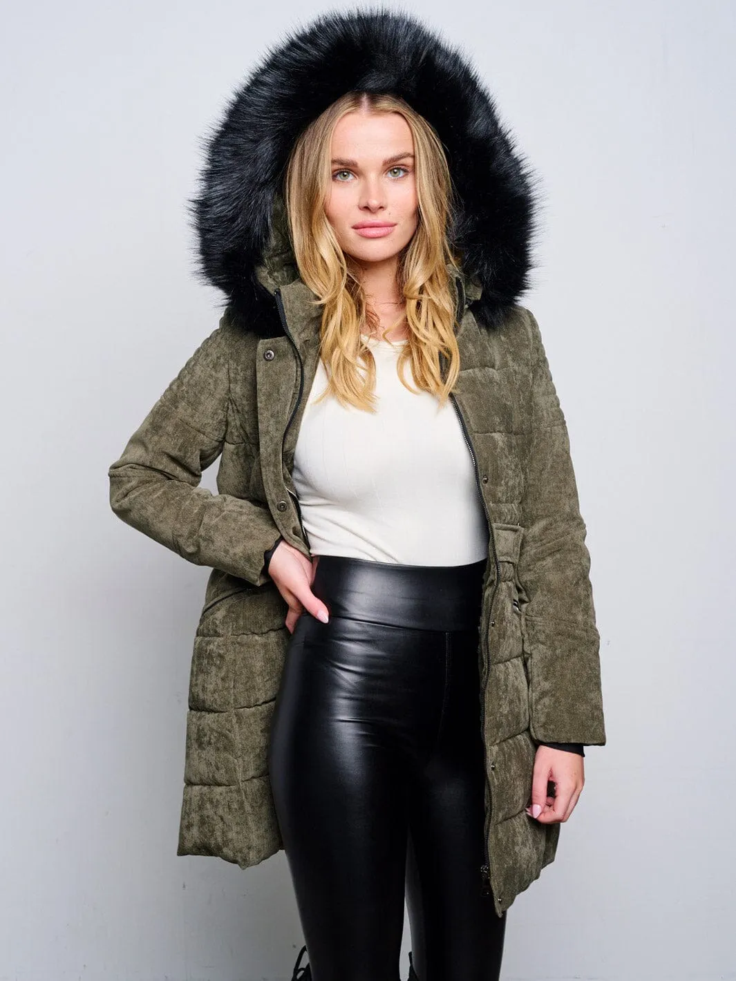 WOMEN'S LONG SLEEVE ZIP UP REMOVABLE HOODIE PUFFER COAT