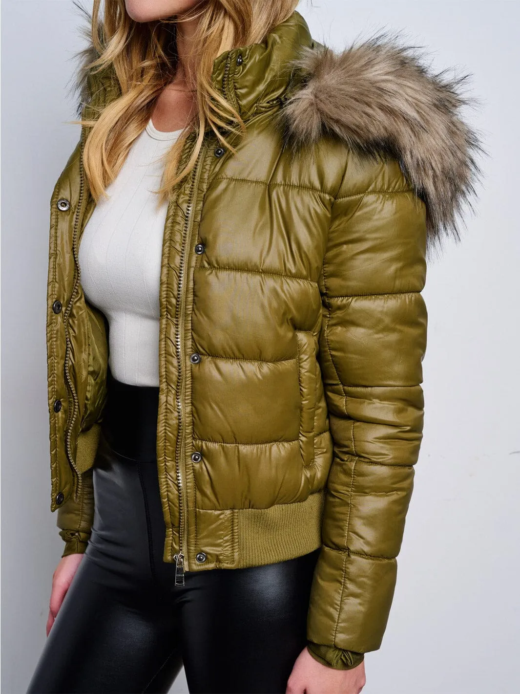 WOMEN'S LONG SLEEVE ZIP UP REMOVABLE HOODIE PUFFER JACKET