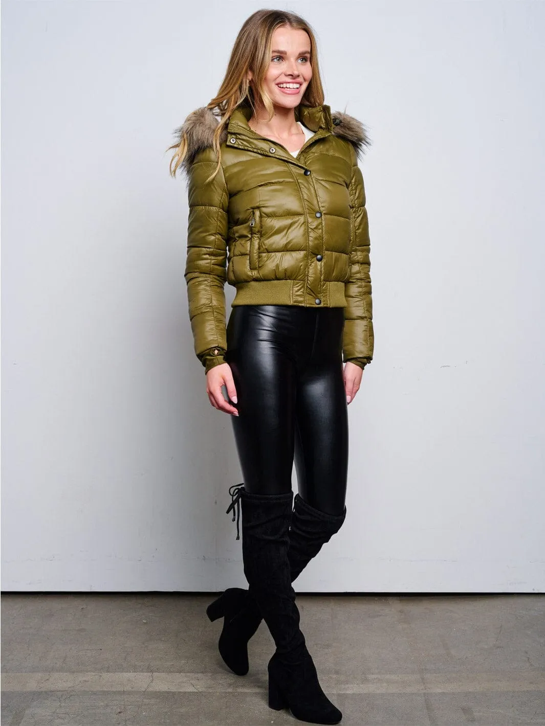 WOMEN'S LONG SLEEVE ZIP UP REMOVABLE HOODIE PUFFER JACKET