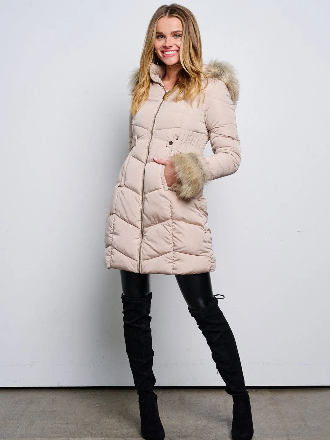 WOMEN'S LONG SLEEVE ZIP UP REMOVABLE SHERPA HOODIE PUFFER JACKET