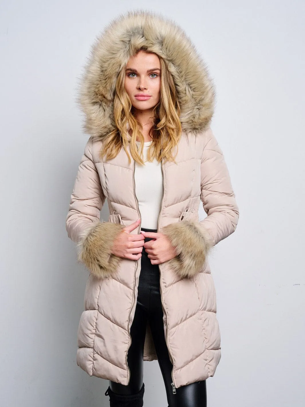 WOMEN'S LONG SLEEVE ZIP UP REMOVABLE SHERPA HOODIE PUFFER JACKET