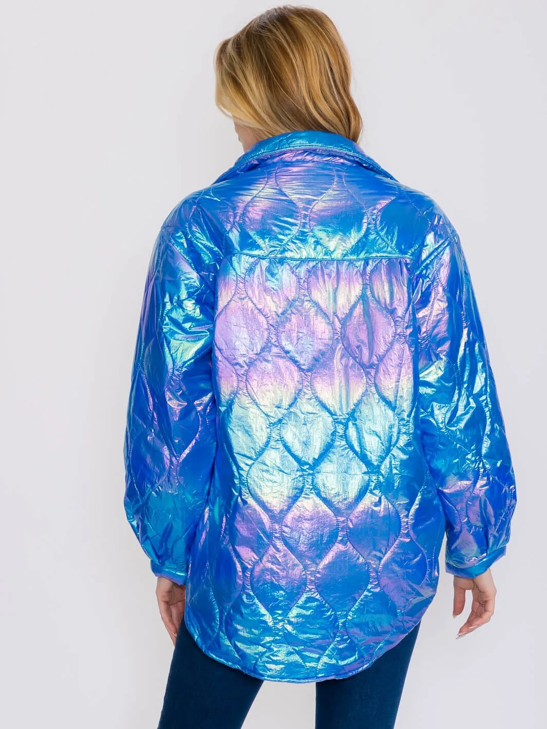 WOMEN'S LONG SLEEVES BUTTON UP FRONT POCKETS HIGH-LOW SHIMMER PUFFER JACKET