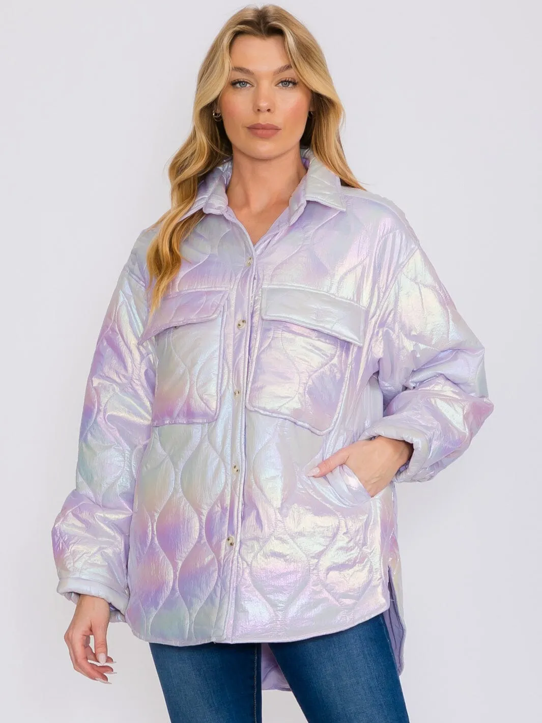 WOMEN'S LONG SLEEVES BUTTON UP FRONT POCKETS HIGH-LOW SHIMMER PUFFER JACKET
