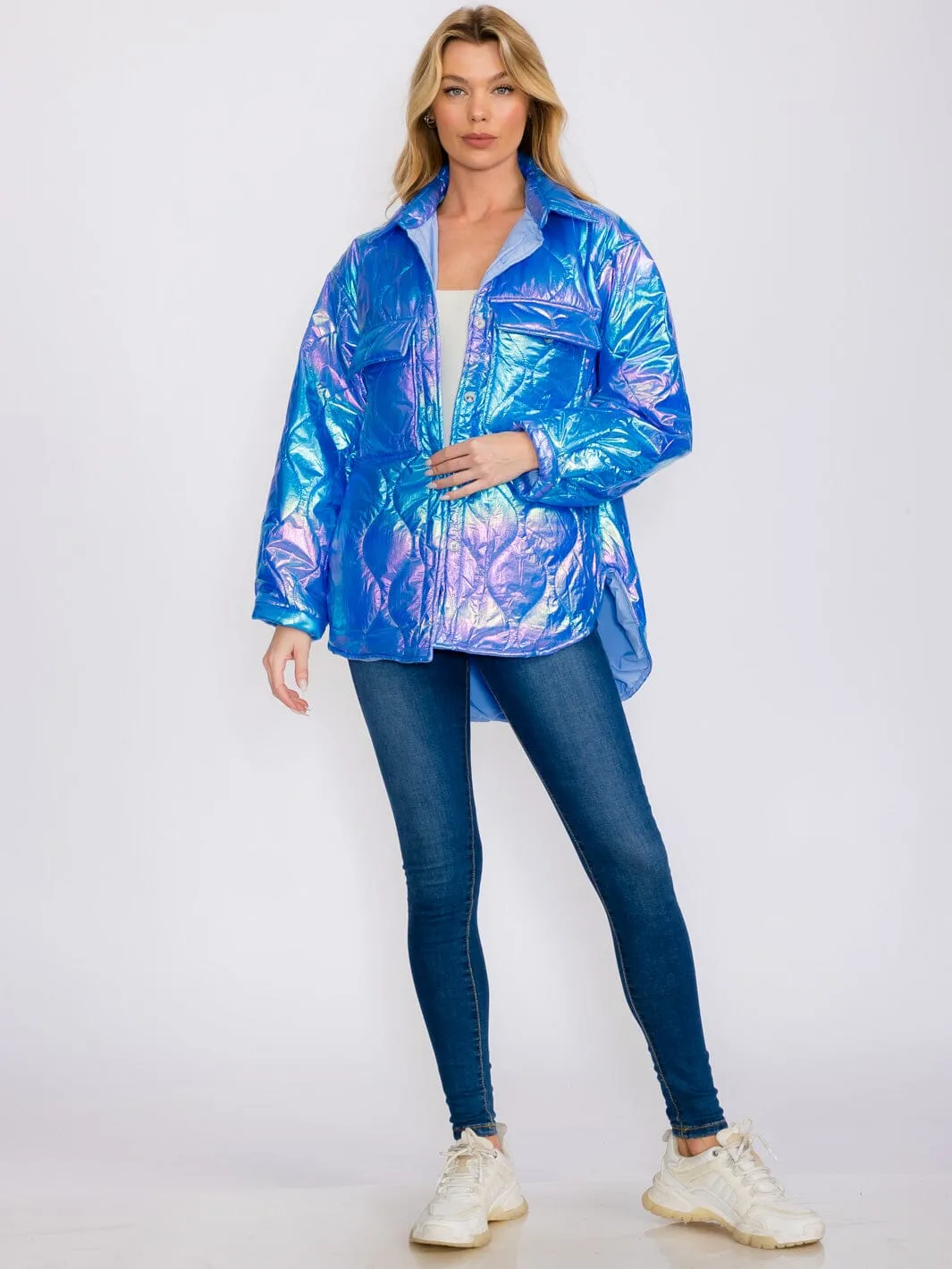 WOMEN'S LONG SLEEVES BUTTON UP FRONT POCKETS HIGH-LOW SHIMMER PUFFER JACKET