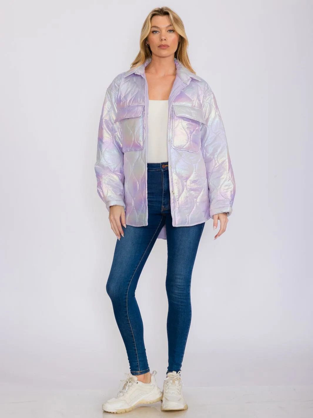 WOMEN'S LONG SLEEVES BUTTON UP FRONT POCKETS HIGH-LOW SHIMMER PUFFER JACKET