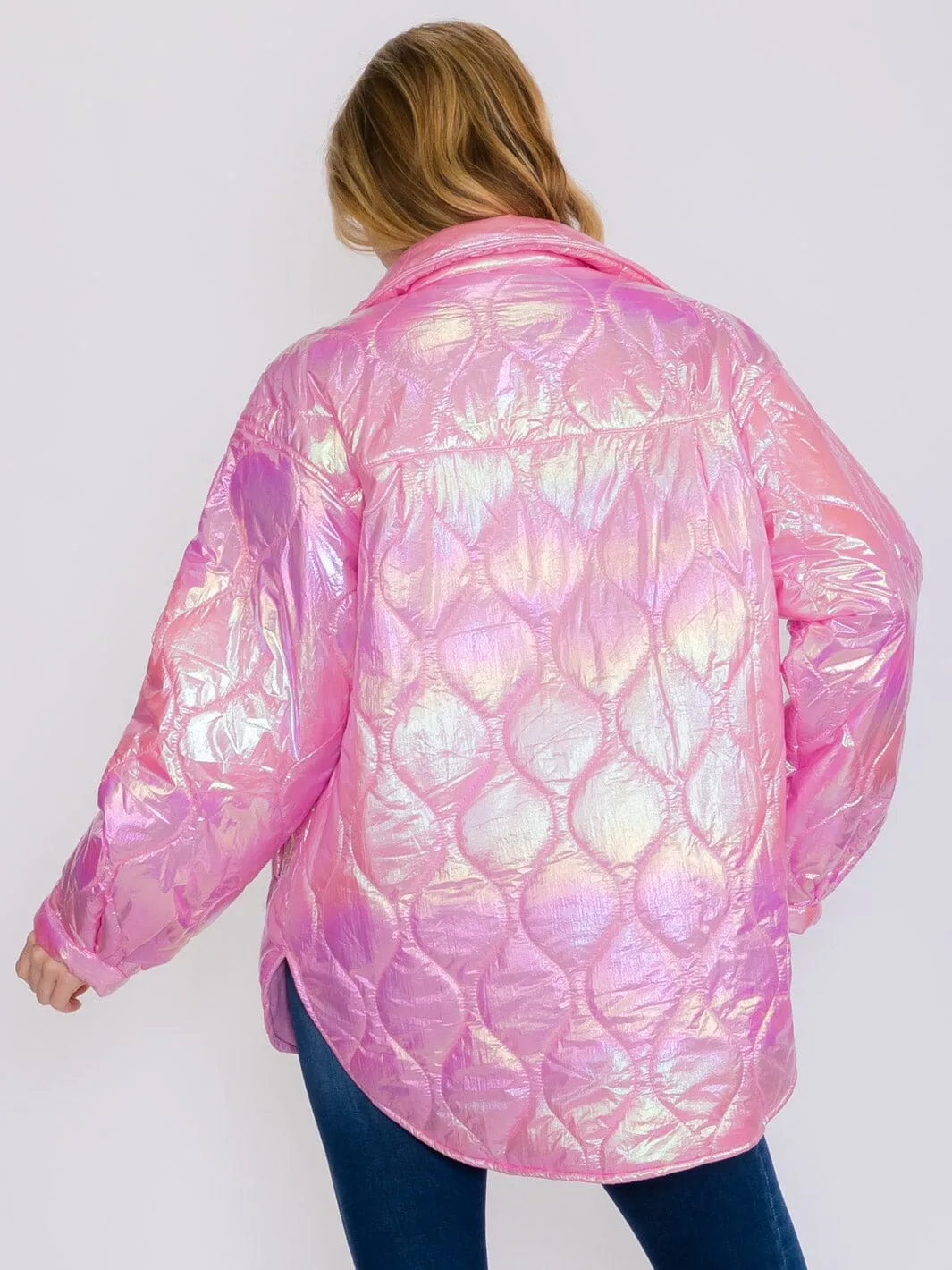 WOMEN'S LONG SLEEVES BUTTON UP FRONT POCKETS HIGH-LOW SHIMMER PUFFER JACKET