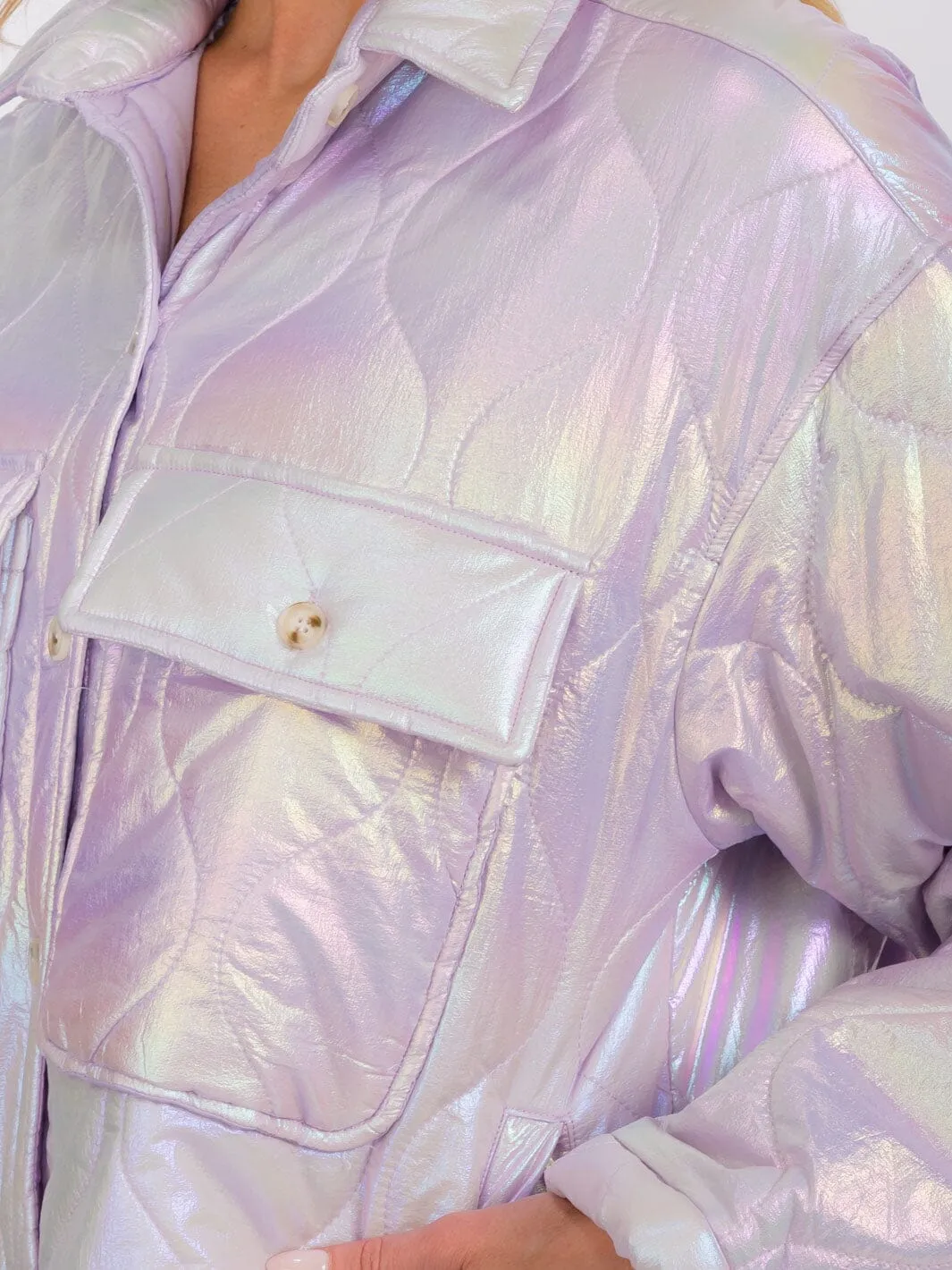 WOMEN'S LONG SLEEVES BUTTON UP FRONT POCKETS HIGH-LOW SHIMMER PUFFER JACKET