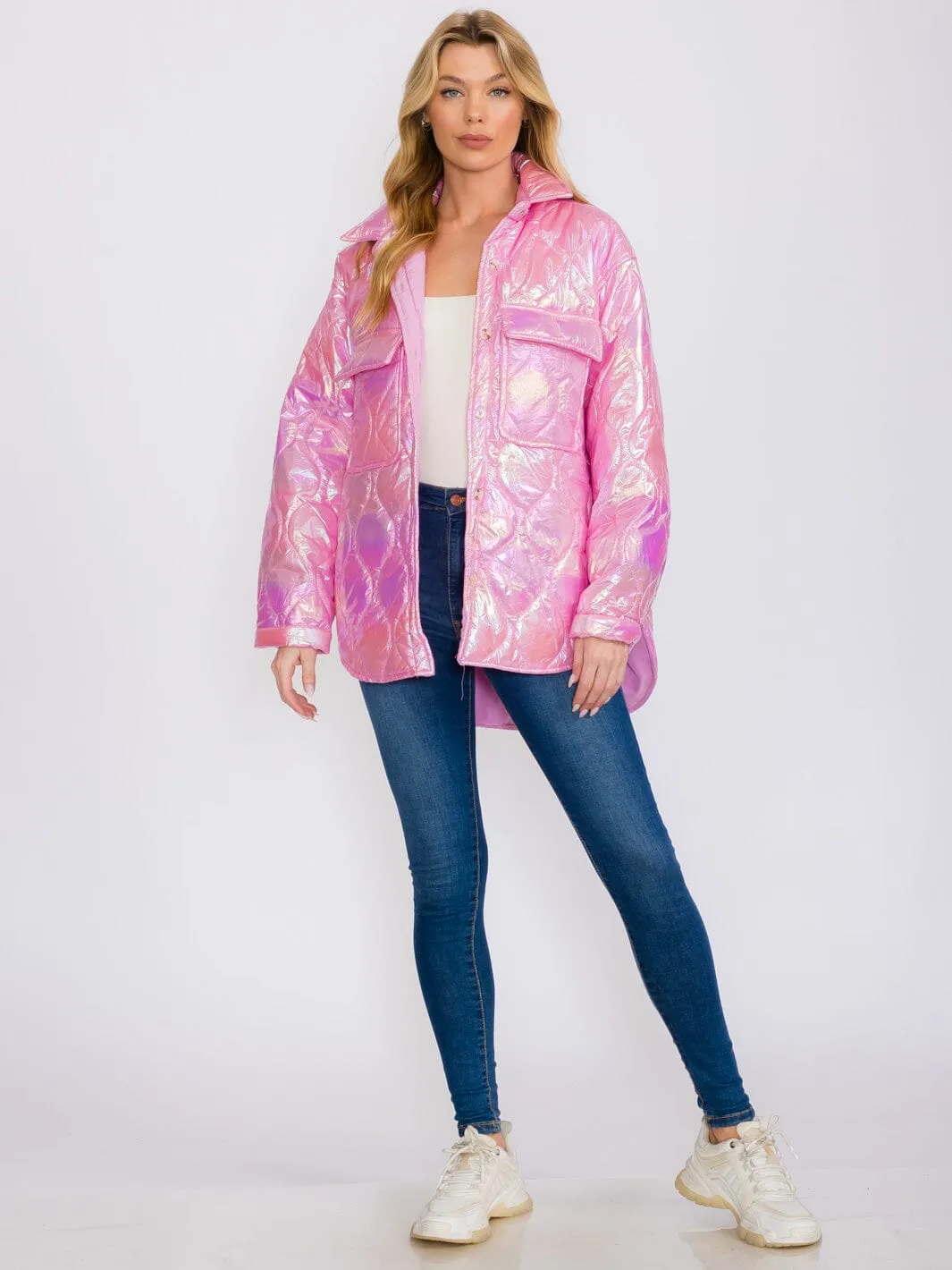 WOMEN'S LONG SLEEVES BUTTON UP FRONT POCKETS HIGH-LOW SHIMMER PUFFER JACKET