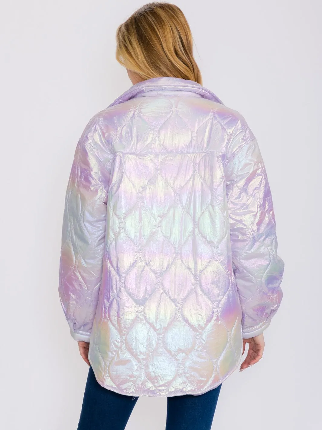 WOMEN'S LONG SLEEVES BUTTON UP FRONT POCKETS HIGH-LOW SHIMMER PUFFER JACKET