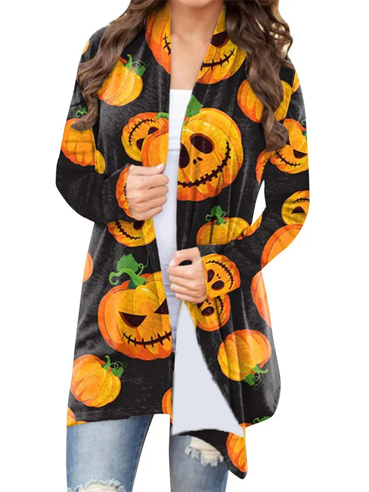 Women's Pumpkin Ghost Cat Printed Open Front Halloween Blouses