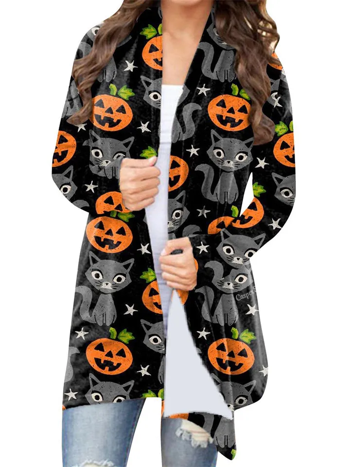 Women's Pumpkin Ghost Cat Printed Open Front Halloween Blouses