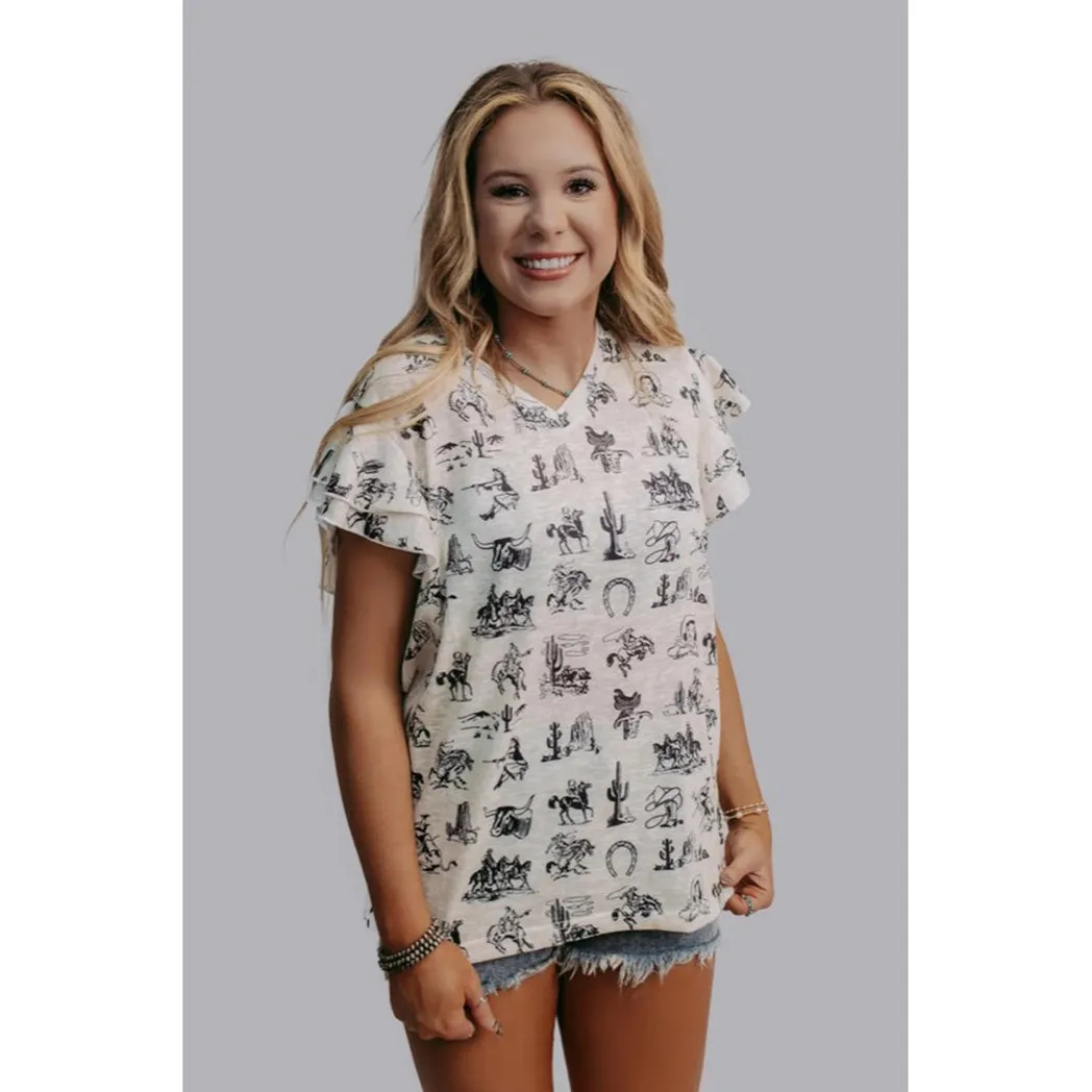 Women's White & Tan Old West Ruffle Short Sleeve