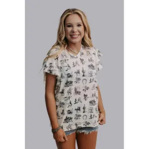 Women's White & Tan Old West Ruffle Short Sleeve