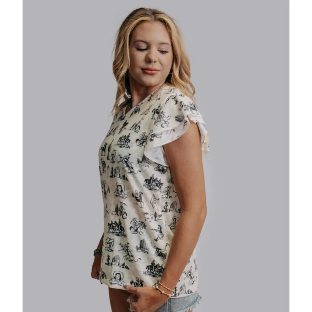 Women's White & Tan Old West Ruffle Short Sleeve
