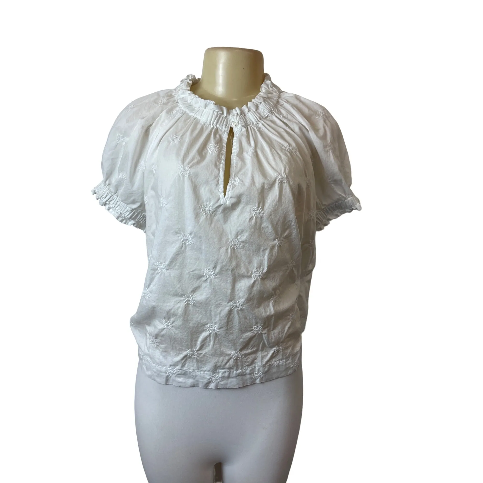 Workshop Republic Clothing White Embroidered Short Sleeve Cotton Blouse Sz M