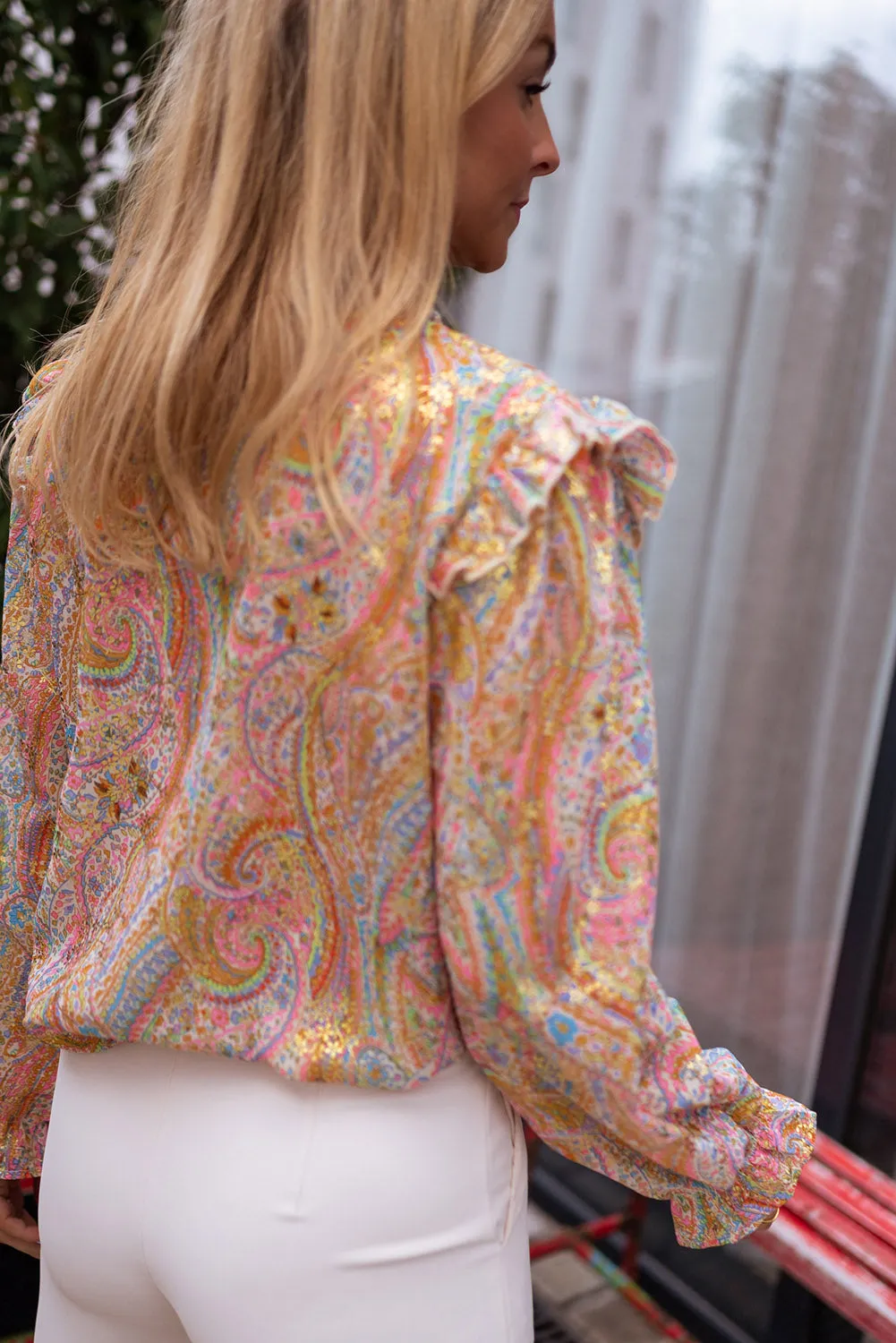 Yellow Paisley Print Ruffled Trim Buttoned Long Sleeve Shirt