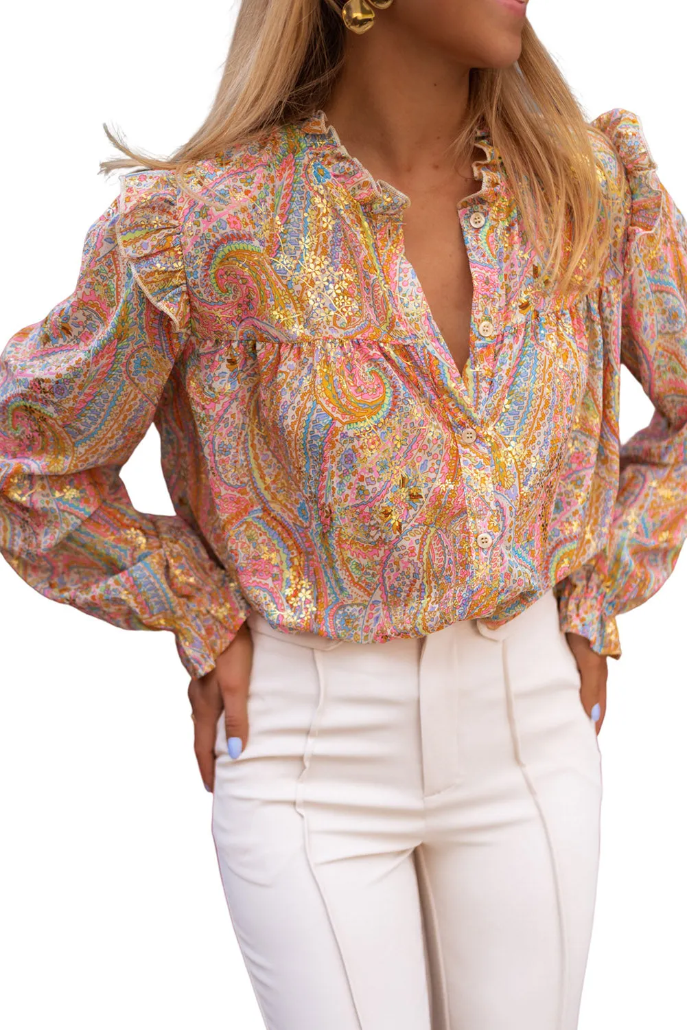 Yellow Paisley Print Ruffled Trim Buttoned Long Sleeve Shirt