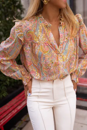 Yellow Paisley Print Ruffled Trim Buttoned Long Sleeve Shirt
