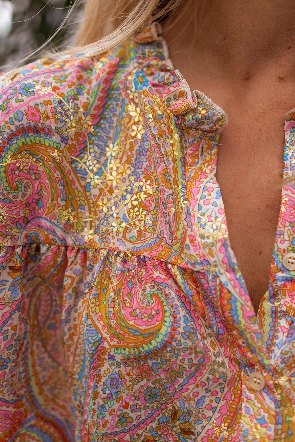 Yellow Paisley Print Ruffled Trim Buttoned Long Sleeve Shirt